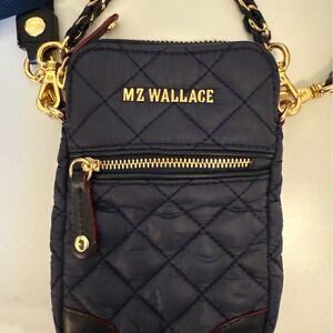New Wallace Navy Quilted Metro Crossbody Mini Phone CC with Gold Details bag